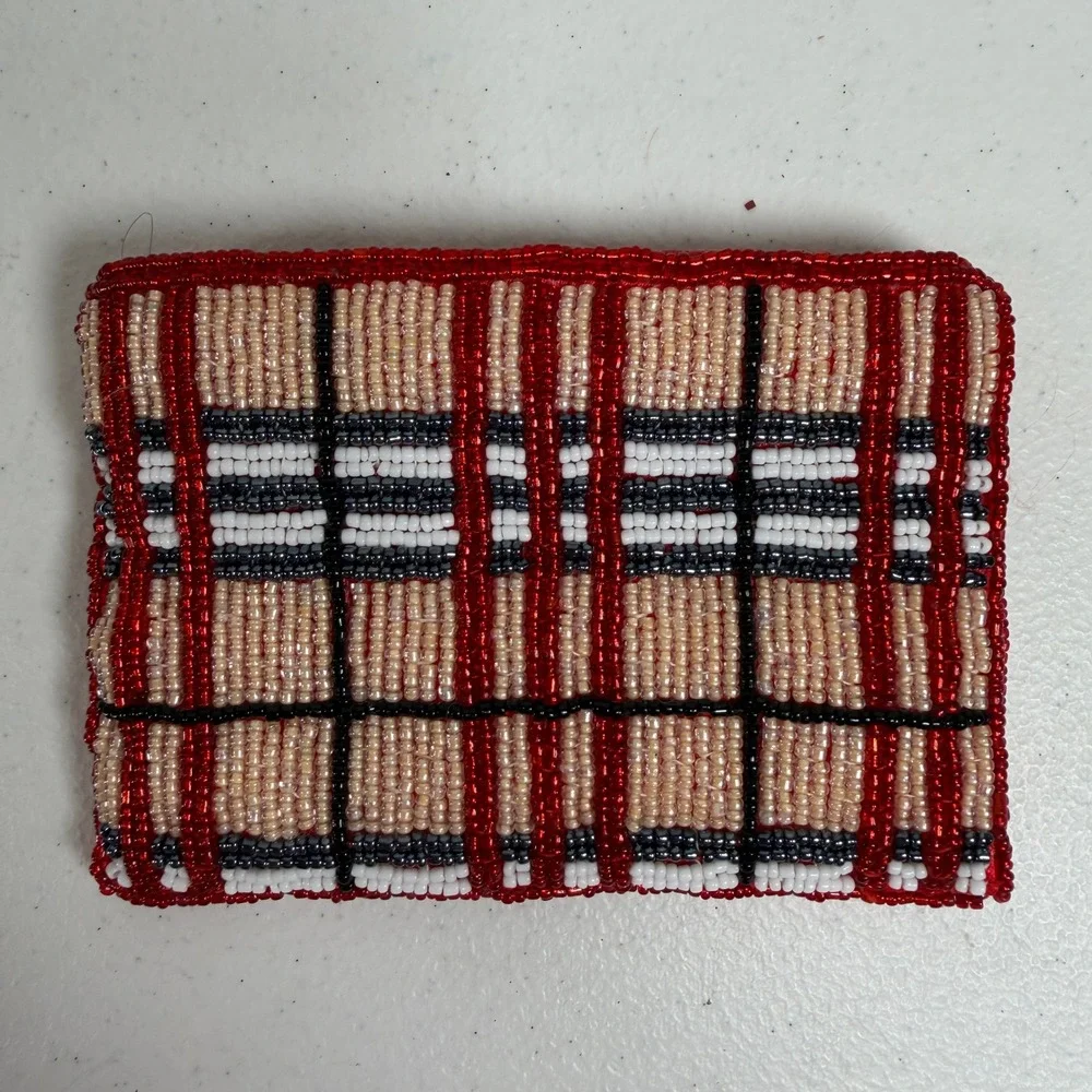 Vintage Coin Purse Plaid Beaded Red Tan White Black Zippered Card ID Pouch